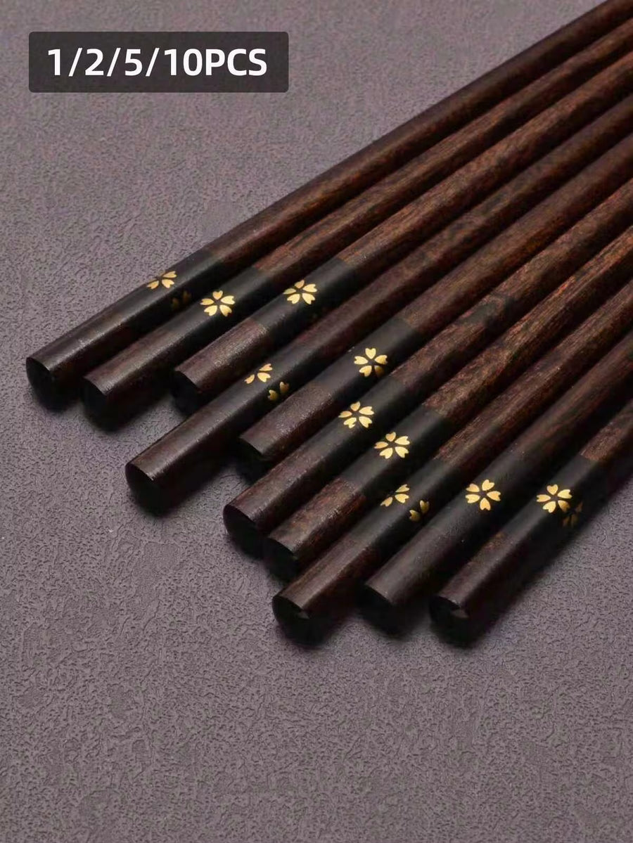 5-Leaf Flower Printed Wooden Chopsticks, Japanese Style Craftsmanship, Household Dining Utensil Set